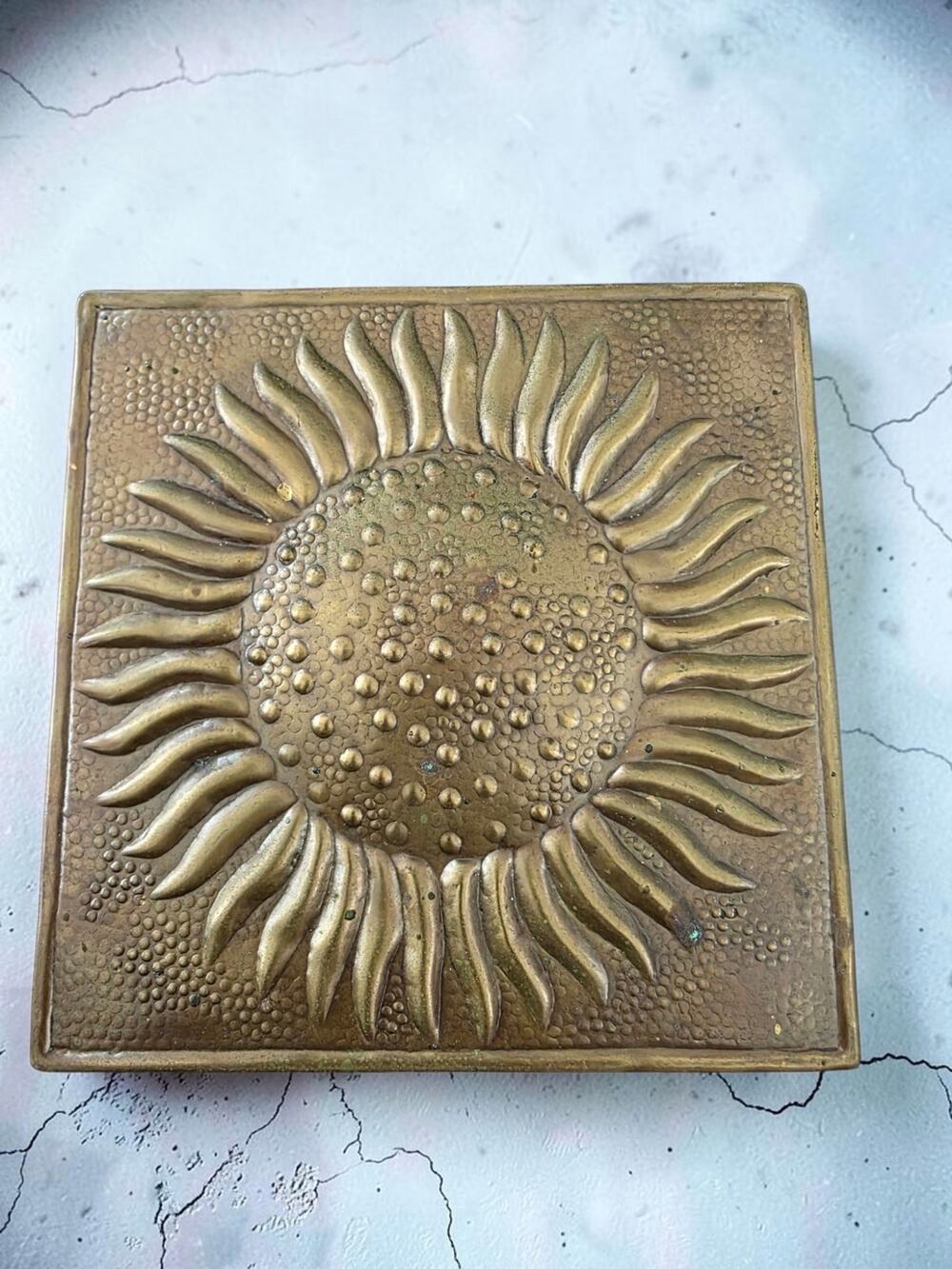Vintage Brass Sunflower Wall Tile 6.5” Metal Wall Hanging
